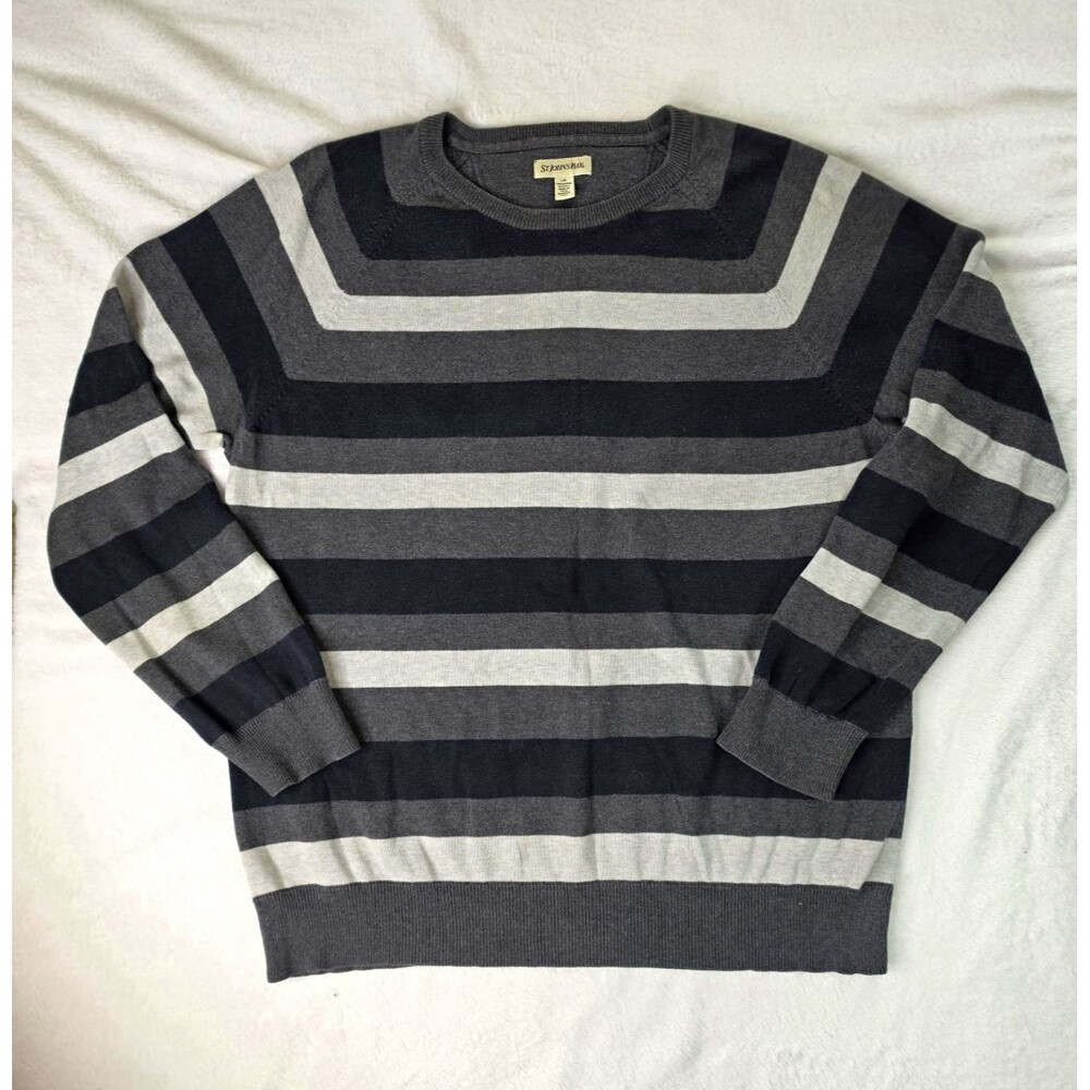 St. John's Bay Mens Gray Black White Striped Cotton Knit Crewneck Pullover L